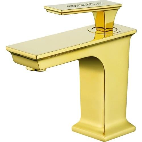 GOLD PVD solid brass Bathroom Sink square Faucet modern mixer tap deck mounted Crystal handle Single hot and cold tap hole