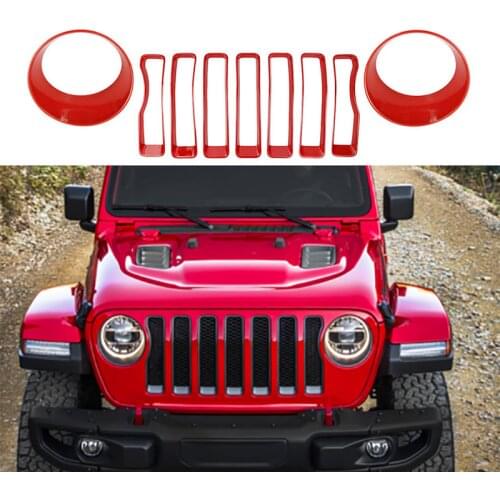 9pcs Red Front Grille Insert Mesh Grill Trim Frame +Front Headlight Lamp for Jeep Wrangler JL 2018 2019 2020