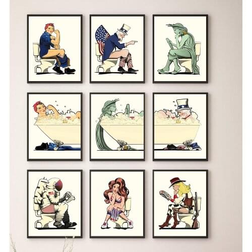 American Bathroom Humor Posters Statue of Liberty Cheerleader Cowboy Sheriff Canvas Painting Modern Wall Pictures Home Decor