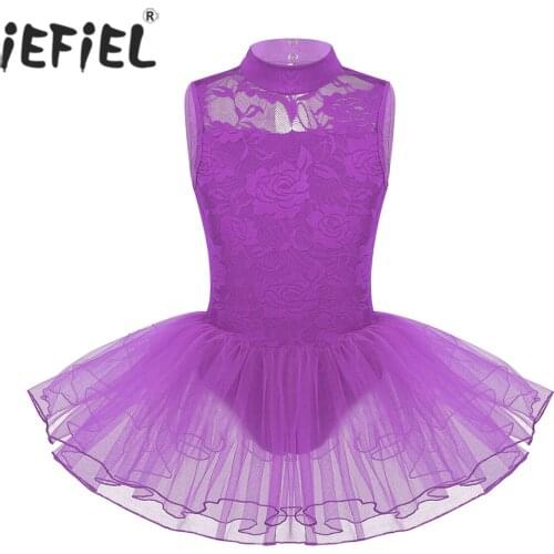 Kids Girls Sleeveless Bailarina Floral Lace Keyhole Back with Zipper Closure Ballet Dance Gymnastics Leotard Mesh Tutu Dress