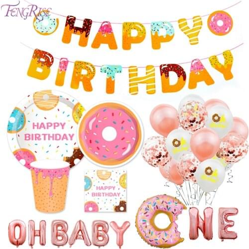 FENGRISE Doughnut Banner Paper Cup Napkin Plates Happy Birthday Anniversary Baby Shower Candy Bar Party Decoration Donut Party