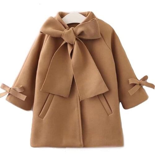 Toddler Kids Girls Coat Warm Wool Blends Bowknot Trench Overcoat Baby Princess Outwear Jacket For Children 2-8T Elegant Gifts