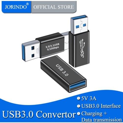 JORINDO USB3.0 dual male plug converter，USB3.0 male to female adapter，USB3.0 double female socket extension conversion，3A