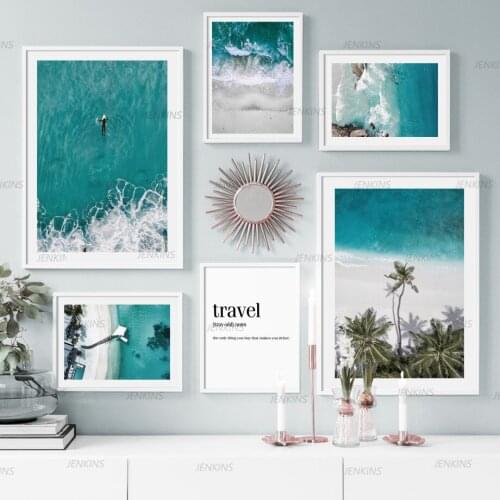 Canvas Painting Sea Waves Beach Surf Coconut Tree Bridge Wall Art Nordic Posters and Prints Wall Pictures for Living Room Decor