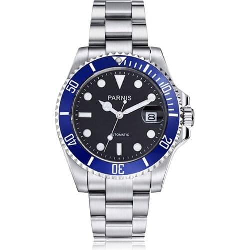 Parnis 40mm Blue Bezel Mens Automatic Mechanical Watch Stainless Steel Bracelet Miyota 8215 Movement Mens Watches 2020 box gift
