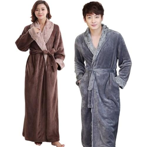 Lovers Soft fur Extra Long Thermal Bathrobe Men Plus Size Thick Flannel Warm Kimono Bath Robe Male Dressing Gown Winter Robes
