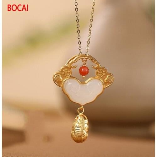 New S925 Sterling Silver Wrapped Gold Hetian Jade Ruyi Peony Retro Palace Temperament Lady Pendant