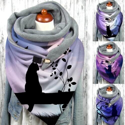 Tops Women Winter Cat Print Scarves Button Soft 2021 Luxury Cashmere Scarf Wrap Casual Warm Shawls Ladias Harajuku Headband