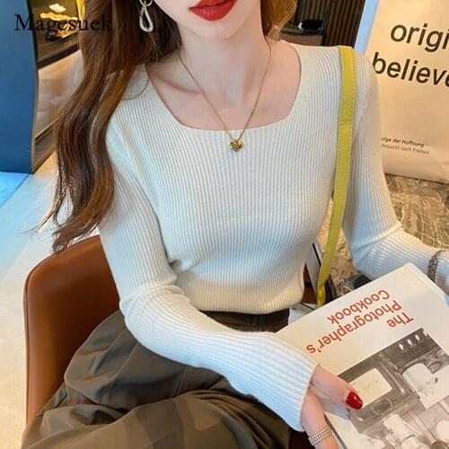 Square Neck Thin Knit Bottoming Shirt Women Inner Wear 2021 Spring Fashion Slim Woman Sweater Elegant Warm Women Pullover 16180