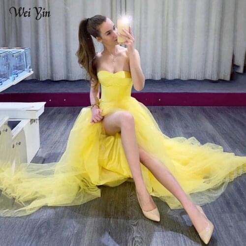 Weiyin AE0605 Pink/Yellow/Navy Blue A Line Tulle Long Prom Dresses Sweetheart Sheer Boning Tea length Formal Party Gowns