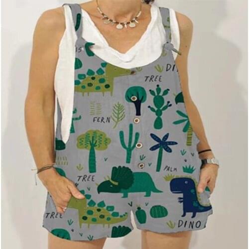 Summer Fashion Women Sleeveless Jumpsuit Vintage Flower Print Beach Short Jumpsuit Casual Loose Pocket Strappy Playsuit Overalls