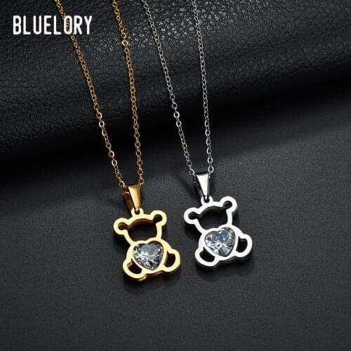 Bluelory Cute Big Heart Crystal Bear Necklace For Women Stainless Steel Shell Love Hearts Necklaces Birthday Gift