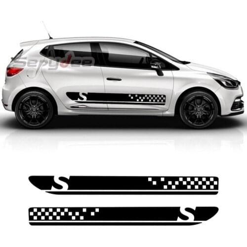 2Pcs Car Styling Side Stripes Skirt Sticker Racing Checkered Graphics Vinyl Decal For Renault Clio R.S Campus Car Accessories