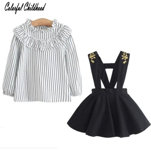 Infant Baby Toddler Girl Blouse+Strap Dress Outfit Sets Ruffle Stripe Long Sleeve Princess Embroidery Flowers Kids Girls Clothes