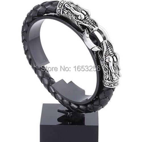 Double dragon design Black Round Genuine Leather Stainless Steel Jewelry Wristband Bracelet For Mens XMAS Gifts