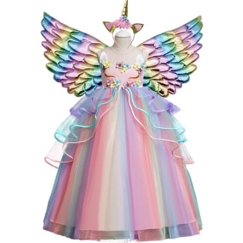 Girls Unicorn Summer Dresses For Kids Party Cosplay Princess Costume Children Wedding Evening Birthday Tutu Long Prom Gown