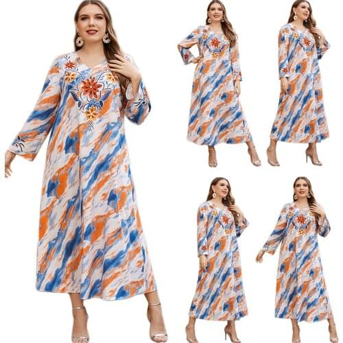 Elegant Multicolor Muslim Women Long Dress Kaftan V-neck Embroidery Party Spring Dress Islamic Vestido Ramadan Eid Middle East
