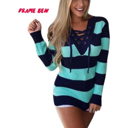 FRAME BEN 2019 Fashion Womens Knitted Sweater Women Sexy Autumn Winter V Neck Striped Lace Up Long Sleeve Pullovers Sweaters