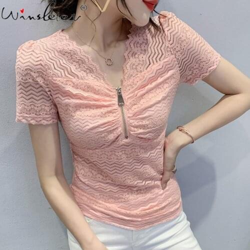 Summer European Clothes Lace T-Shirt Sexy Fashion Solid V-Neck Zipper Women Tops Short Sleeve Bottoming Shirt Tees 2021 T14711A