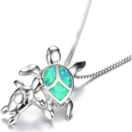 Cute Mom and Baby Turtle Pendants Necklaces For Women Rainbow Fire Opal Stone Necklace Vintage Boho Silver Color Chain Necklace