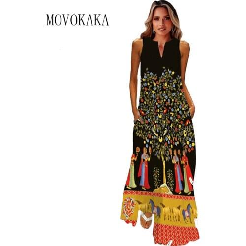 MOVOKAKA Sleeveless Dress 2021 Long Casual Beach Sundress Women Dresses Summer Tree Horse Cartoon Print Oversize Dress For Women