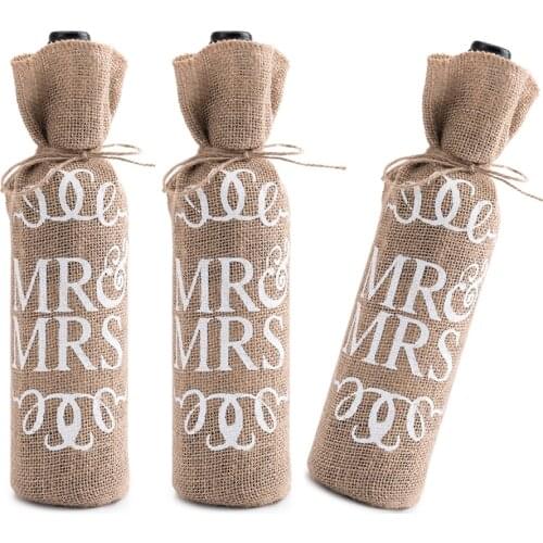Natural Burlap Mr and Mrs Red Wine Bottle Covers Bag Sacks Jute Bottle Wrap Dresses Pouches Wedding Party Favor with Tie Rope