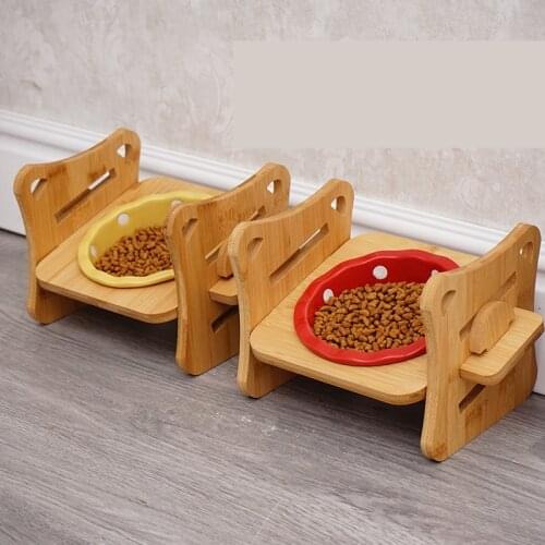 New Pets Single Double Bowl Dog Cat Food Water Feeder Stand Raised Ceramic Dish Bowl Adjust Wooden Table Pet Supplies