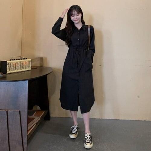 2021 autumn new plus size womens shirt dress single-breasted mid-length lace-up waist dress