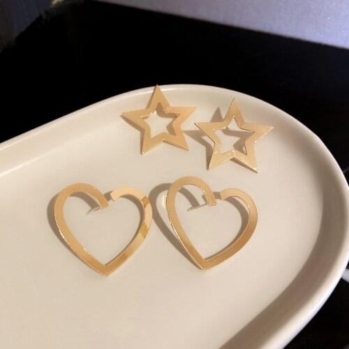 Origin Summer Minimalist Hollow Metal Star Love Heart Earrings for Women Gold Color Alloy Big Geometric Statement Drop Earrings