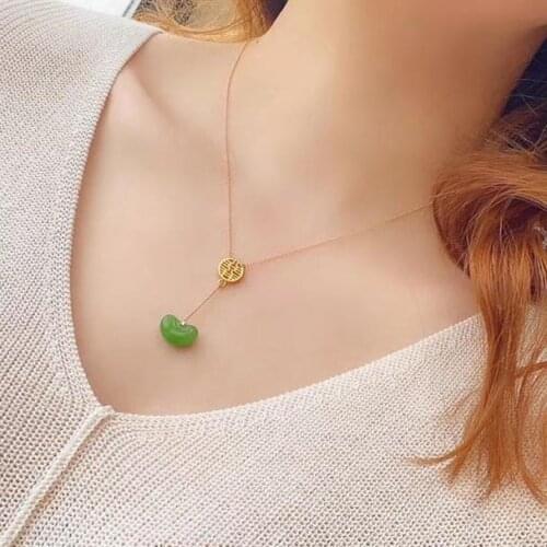 New S925 Sterling Silver Xi Word with Gold Imported Chain Inlaid Natural Apple Green Jasper Jequirity Bean Necklace Popular