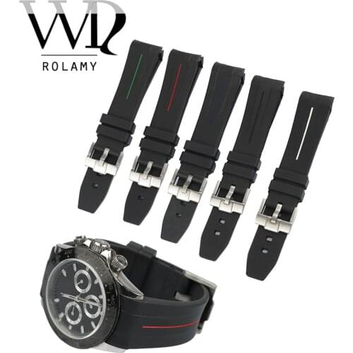 Rolamy 20mm High Quality Rubber Watch Band Strap With Silver Steel 18mm Buckle For Rolex Daytona GMT Vintage Submariner