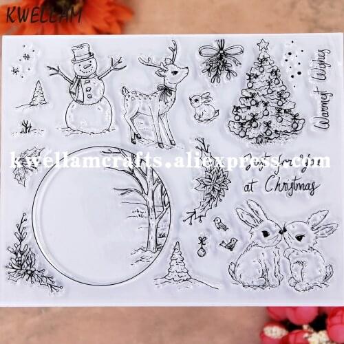Merry Christmas Warnest Wishes Tree Rabbit Flowers Deer Scrapbook photo cards rubber stamp clear stamp transparent stamp 9112833