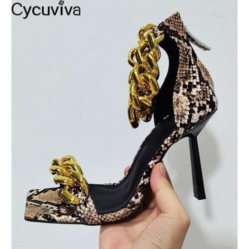 Brand Gold Metal Chain Ankle Wrap Sandals Women Peep Toe Buckle Strap Stiletto High Heels Summer Shoes Party Wedding Shoes Women