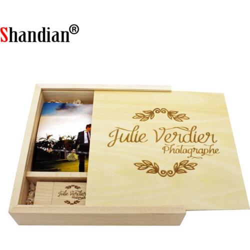 SHANDIAN Maple Custom LOGO Photo Album Wood pen + Box Memory stick Pendrive 4GB~64GB Photography Wedding gift Size 170*170*35 mm