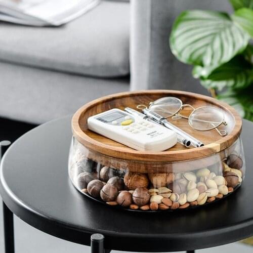 Creative fruit plate European double glass dried fruit nut storage plate wooden candy storage box