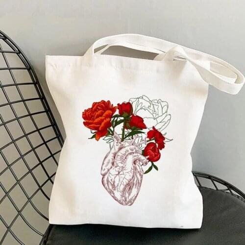 Shopper Human heart with flowers Printed Tote Bag women Harajuku shopper handbag girl Shoulder shopping bag Lady Canvas Bag