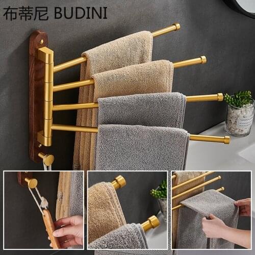 Bathroom Black Walnut Gold Rotating Towel Rack Space Aluminum Belt Hook Folding Bathroom Movable Towel Bar Shower Shelf