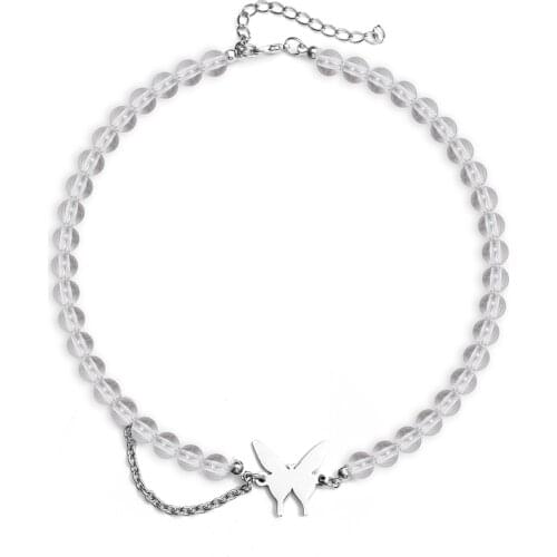 Vintage Beads Transparent Butterfly Pendant Necklace for Women Bling Chain Choker Necklace Punk Jewelry Female Gift Gothic Style