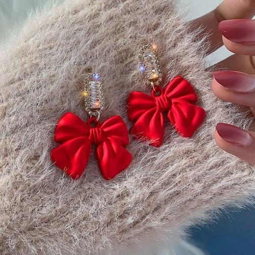 Red Black Color Bowknot Dangle Earrings for Girl Korean Sweet Women Fashion Jewelry Shiny Crystal Zirconia Trendy Earings