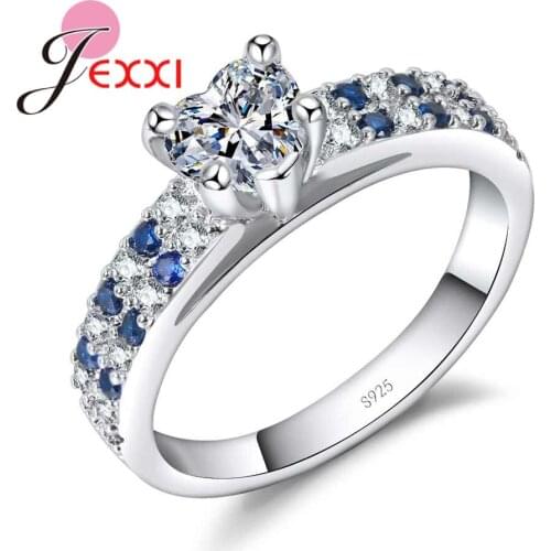 Elegant Simple Heart Clear Zircon Ring Paved White Blue Crystal Trendy Women 925 Sterling Silver Wedding Bridal Jewelry