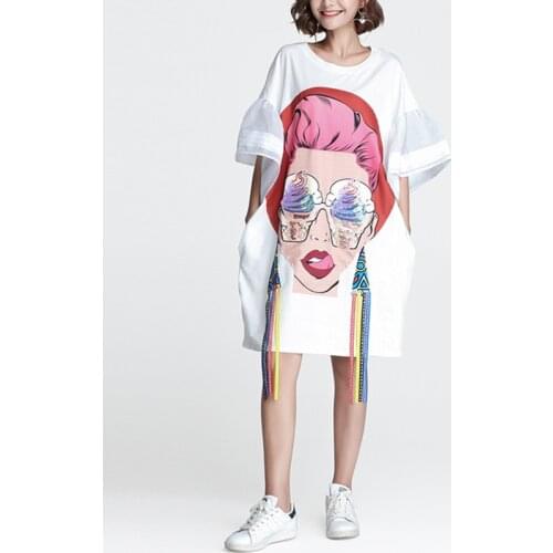 CWBshowGG Summer New Short-Sleeved Print Sequined T-Shirt Dress Loose Large Size Casual Flare Sleeve Tassel Patchwork Dress