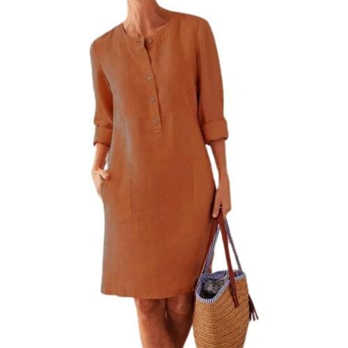 New Stylish Women Dress Solid Color Pockets Summer Round Neck Knee-length Long Sleeve Buttons Dress for Dating Streetwear