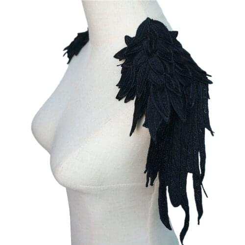 2PCS Black Feather Wings Fabric Embroidery Gown Appliques Collar Sew On Patches For Wedding Decoration Dress DIY