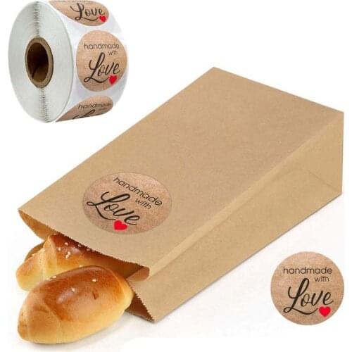 500pcs/roll Kraft Handmade with Love Heart Stickers Seal Labels For Envelope , Cards, Parcels, Candy Bags, Gift Package，Wedding