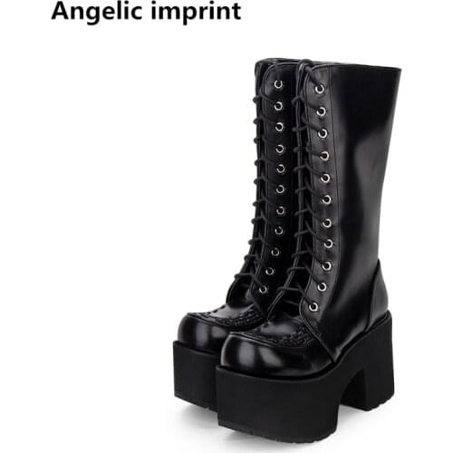 Angelic imprint new mori girl lady lolita punk Boots woman high heels wedges pumps Women princess dress party shoes 33-47 10cm