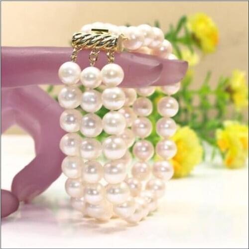 FREE SHIPPING HOT sell new Style >>>>CHARMING 3 ROW 8-9MM WHITE SOUTH SEA PEARL BRACELET 7.5-8"YELLOW GOLD CLASP