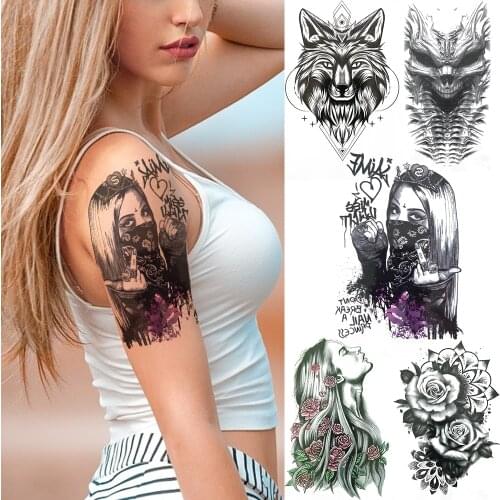 Black Masked Gangster Fake Tattoo Sticker Sexy Lady Waterproof Self Adhesive Temporary Tattoo For Women Body Art Forearm Tatoos
