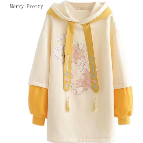 Floral Embroidery Long Hoodies Sweatshirt Women Hooded Pullover 2021 Korean Style Thick Fashion Drawstring Female Sweatshirts XL