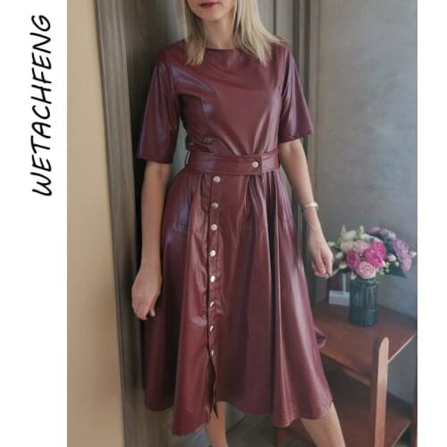Elegant Leather Dress Short Sleeve Belt Buttons Maxi Sundress Vintage Sexy Summer Dresses Ladies 2021 Plus Size Women clothing