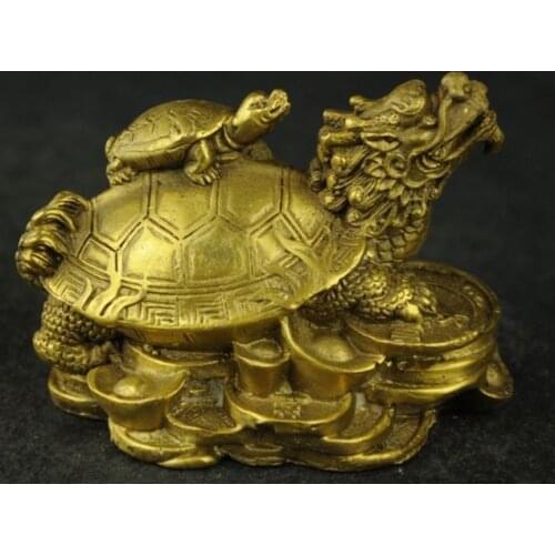 Exquisite Chinese hand carved brass fortune dragon turtle auspicious statue